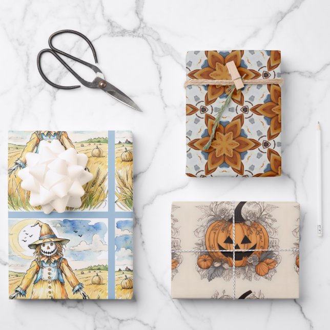 Hoja De Papel De Regalo Halloween infantil. Espantapájaros, calabazas, caí (Anverso)