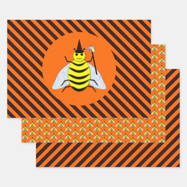 Hoja De Papel De Regalo Halloween Magic Bee Witch Naranja y Black Stripes (Set)