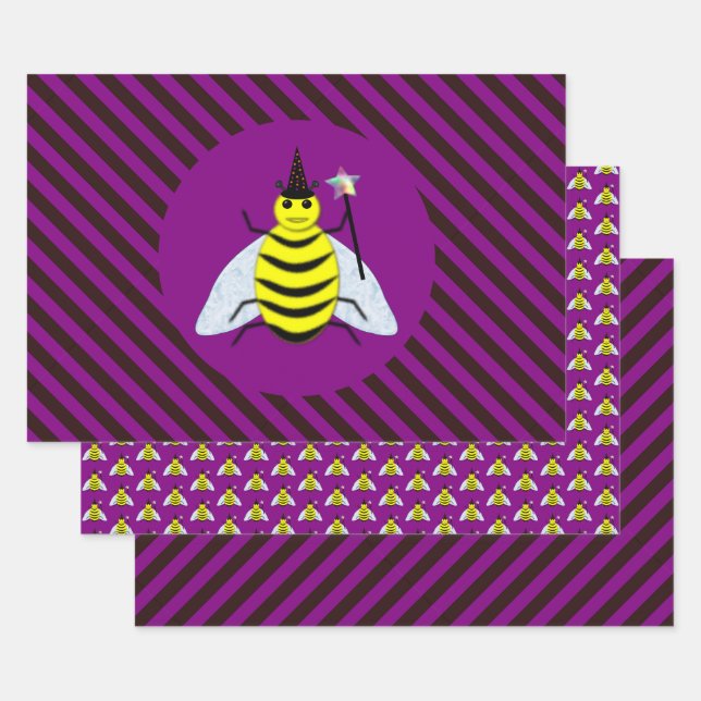 Hoja De Papel De Regalo Halloween Magic Bee Wizard Purple and Black Stripe (Set)