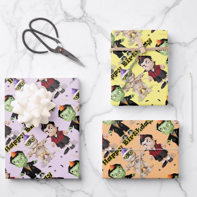 Hoja De Papel De Regalo Halloween Monsters Kids Cumpleaños (Anverso)