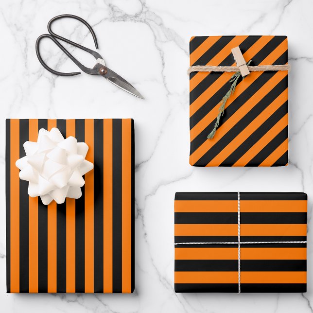 Hoja De Papel De Regalo Halloween Naranja Black Stripes Pattern Personaliz (Halloween Orange Black Stripes Pattern Custom Text Wrapping Paper Sheets)