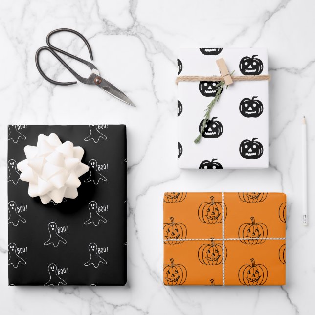 Hoja De Papel De Regalo Halloween naranja negro jack fantasma blanco o lin (Anverso)