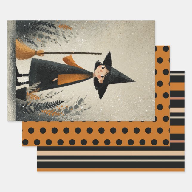 Hoja De Papel De Regalo Halloween negro y Naranja quemado de brujas (Set)