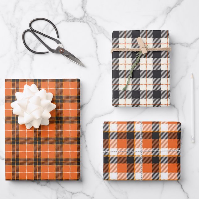 Hoja De Papel De Regalo Halloween Negro y Naranja Tartan Plaid Gingham (Anverso)