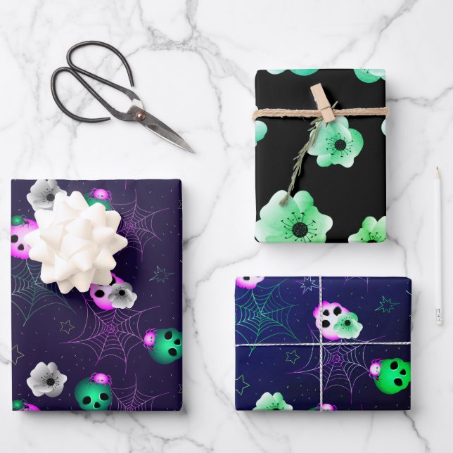 Hoja De Papel De Regalo Halloween Neon Pink and Green GIGHT Skulls Wra (Anverso)