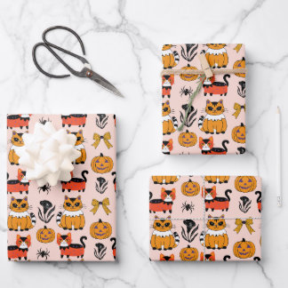 Hoja De Papel De Regalo halloween sin costuras de patrón de gato naranja