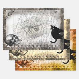 Hoja De Papel De Regalo Halloween Skull y Black Cat Script Ephemera