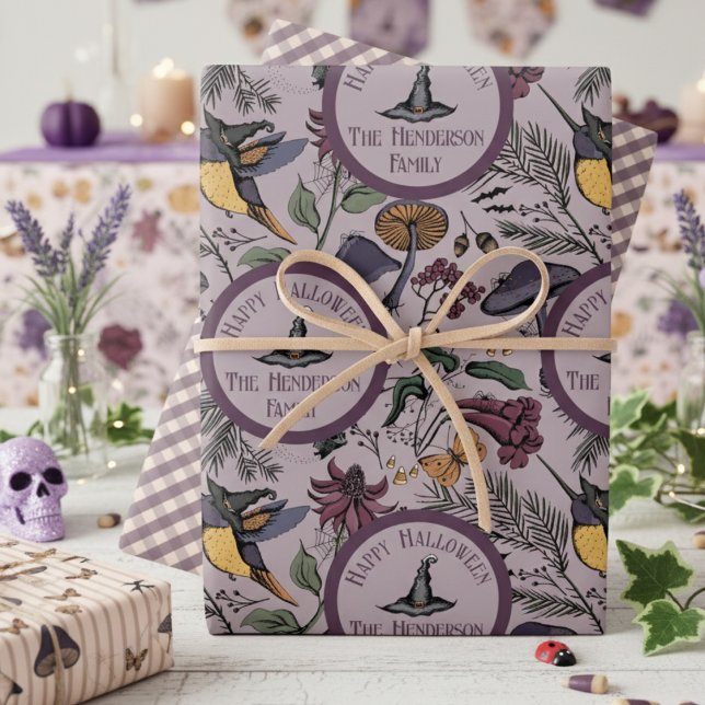 Hoja De Papel De Regalo Halloween Spookee Hummingbird & Butterfly Garden (Happy Halloween Wrapping Paper. Hummingbird Witch, Flower, Pine, Mushroom Fall Autumn Colors Pattern)