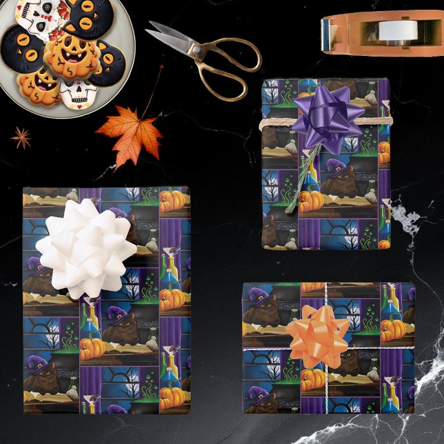 Hoja De Papel De Regalo Halloween Witch Cat Purple Magic (Subido por el creador)