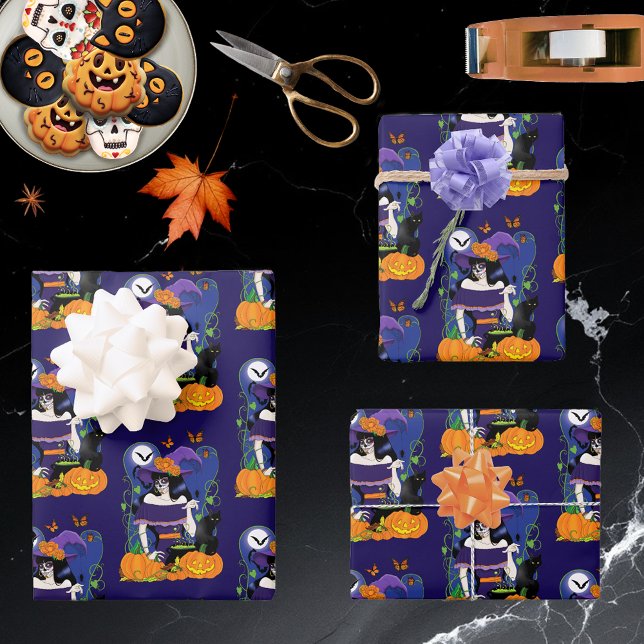 Hoja De Papel De Regalo Halloween Witch Sugar Skull (Subido por el creador)