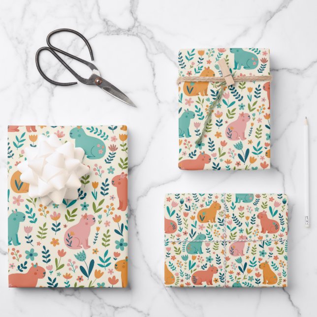 Hoja De Papel De Regalo Hand Drawn Floral Capybara Wrapping Paper Sheets (Anverso)