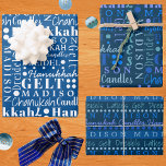 Hoja De Papel De Regalo Hanukkah Collage Dark Blue Cute Añadir nombre de n<br><div class="desc">Personalice esta variedad de sábanas de papel de envoltura de Hanukkah adorables en azul oscuro y blanco en un diseño de collage de palabras donde pueda agregar el nombre de su hijo para una especie de envoltura de regalo de Chanukah. La plantilla de texto fácil de usar hace sencillo agregar...</div>