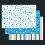 Hoja De Papel De Regalo Hanukkah colorido moderno<br><div class="desc">Estos modernos papeles de Hanukkah con dreidels,  gelt,  stripes,  copos de nieve y estrella de davids tendrán sus paquetes con un aspecto fenomenal! Son coloridas y de moda,  aunque tradicionales.</div>