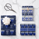 Hoja De Papel De Regalo Hanukkah Dark Blue Menorah Monograma<br><div class="desc">Crea tus propias hojas de papel de envoltura de Hanukkah con este surtido de patrones y rayas de Menorah azul oscuro que es fácil de personalizar con tu monograma inicial para una especie de envoltura de regalo. La hoja uno tiene un patrón de adoración de mi arte original de Menorah...</div>