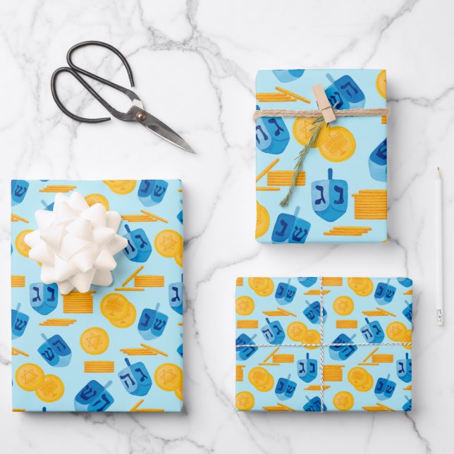 Hoja De Papel De Regalo Hanukkah Dreidel Game Gelt Dark Blue (Anverso)