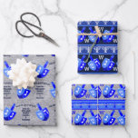 Hoja De Papel De Regalo Hanukkah Dreidels Blue Monogram<br><div class="desc">Crea tu propio surtido de hojas de papel para envolver regalos de personalizado con tu monograma opcional y saludo personalizado en estos Sueños Hanukkah en plantillas de diseño azules. La primera hoja presenta un fondo falso plateado y filas de brillantes Sueños azules y blancos con plantillas de texto en la...</div>