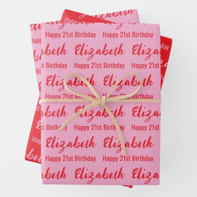Hoja De Papel De Regalo Happy 21st Birthday Name Light Pink and Red (In situ)