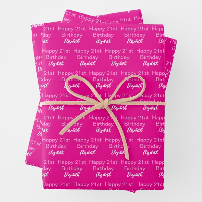 Hoja De Papel De Regalo Happy 21st Birthday Script Name Hot Pink and White (In situ)