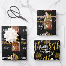 Hoja De Papel De Regalo Happy 50th Birthday Black Gold Foliage Photo