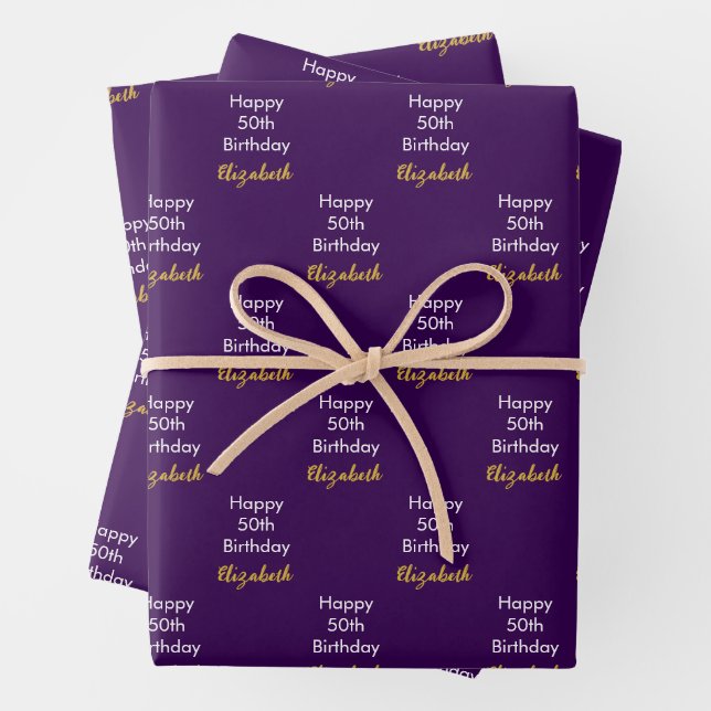 Hoja De Papel De Regalo Happy 50th Birthday Gold Name Script Dark Purple (In situ)