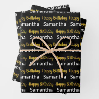 Hoja De Papel De Regalo Happy Birthday Script Gold Black and White Name