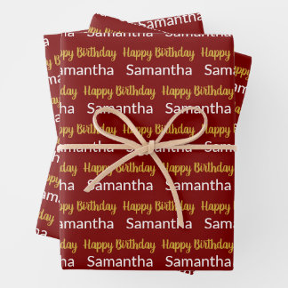 Hoja De Papel De Regalo Happy Birthday Script Gold Dark Red and White Name