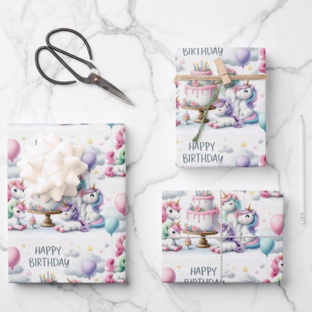 Hoja De Papel De Regalo Happy Birthday Unicorn Themed (Anverso)