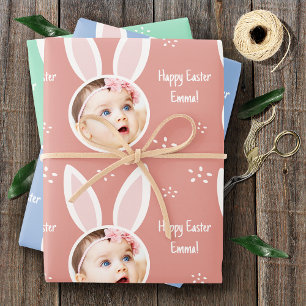 Hoja De Papel De Regalo Happy Easter Kid Photo with Bunny Ears Pastel