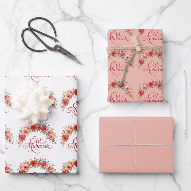 Hoja De Papel De Regalo Happy Eid  Mubarak Floral Wrapping Paper  (Anverso)