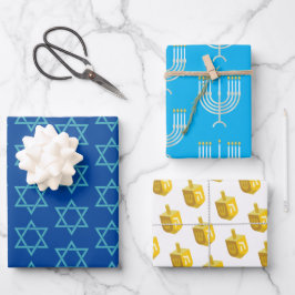 Hoja De Papel De Regalo Happy Hanukkah Blue Star Menorah Dreidel