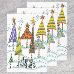 Hoja De Papel De Regalo Happy Holidays! Cute Christmas Trees with Stars<br><div class="desc">Vintage illustration Merry Christmas holiday design featuring cartoon Christmas trees in a forest in winter with sparkles and snow. These fun and silly trees are decorated with stripes,  polka dots,  swirls and topped with shining gold stars.</div>