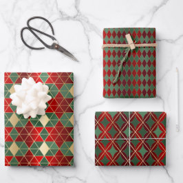 Hoja De Papel De Regalo Harlequin Geométrico Red Gold Green