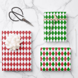Hoja De Papel De Regalo Harlequin rojo, verde y blanco