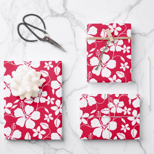 HOJA DE PAPEL DE REGALO HAWAIIAN HULA (HIBISCUS) RED (Anverso)