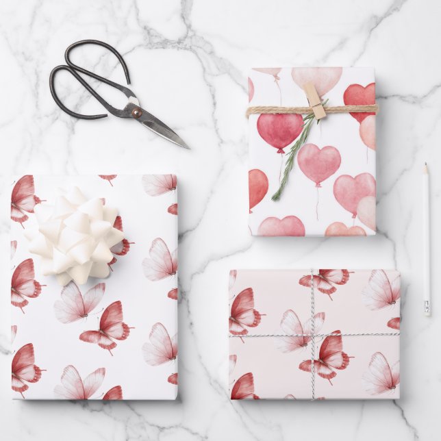 Hoja De Papel De Regalo Heart Balloons Pink Red Butterflies Birthday (Anverso)