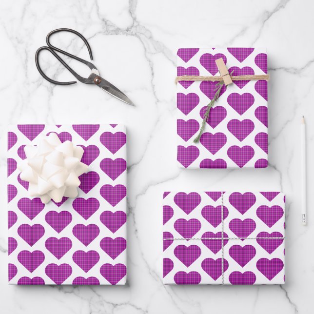 Hoja De Papel De Regalo Heart Plaid Purple Pink Black (Anverso)