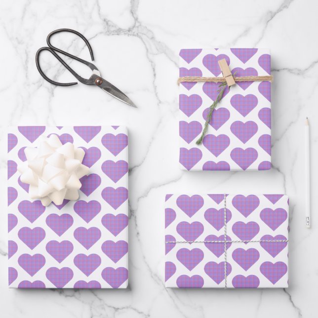 Hoja De Papel De Regalo Heart Shape Plaid Pink Purple (Anverso)