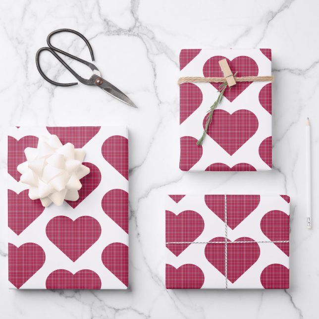 Hoja De Papel De Regalo Heart Shaped Plaid Red Pink (Anverso)
