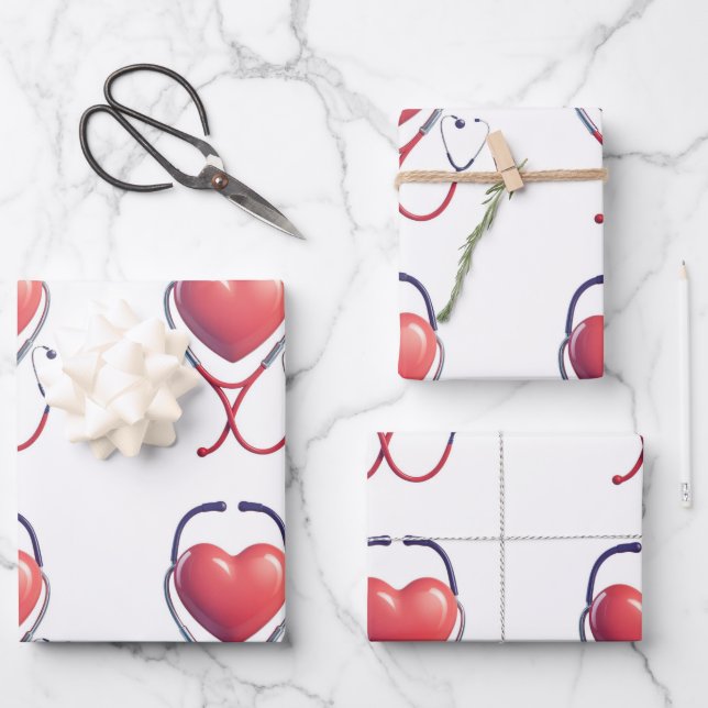 Hoja De Papel De Regalo Heart & Stethoscope Wrapping Paper | Healthcare Gi (Anverso)