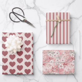 Hoja De Papel De Regalo Hearts, Stripes, Sakura Pink Burgundy