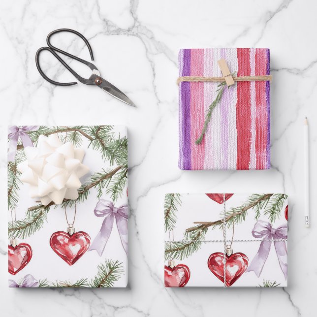 Hoja De Papel De Regalo Hearts Trees Red Purple Bows Stripes Christmas (Anverso)