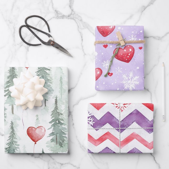 Hoja De Papel De Regalo Hearts Trees Snowflakes Red Purple Christmas (Anverso)