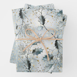 Hoja De Papel De Regalo Helado Blue Gray Winter Holly Berries Golden Snfal