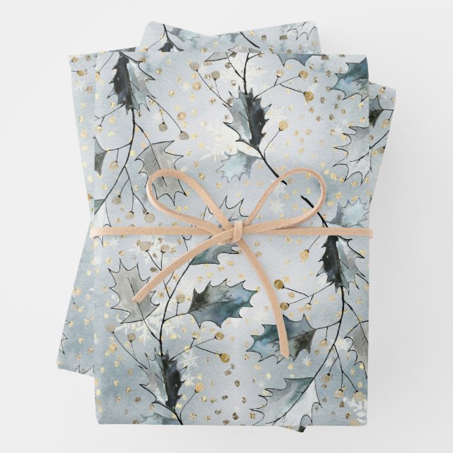 Hoja De Papel De Regalo Helado Blue Gray Winter Holly Berries Golden Snfal (In situ)