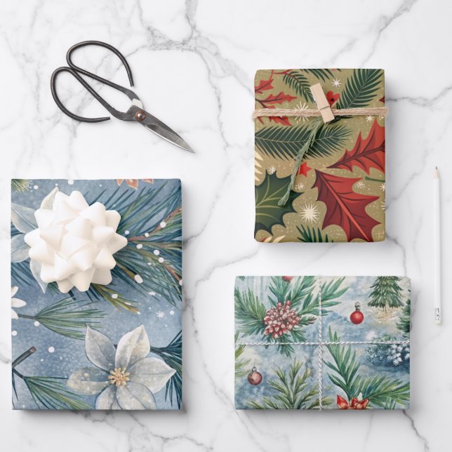 Hoja De Papel De Regalo Hello Winter Pines & Flowers (Anverso)