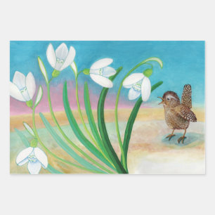 Hoja De Papel De Regalo Heraldas de primavera - Pájaro Wren y gotas de nie