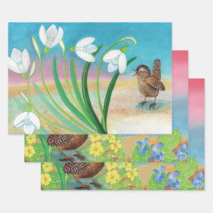 Hoja De Papel De Regalo Heraldas de primavera - Pájaro Wren y gotas de nie