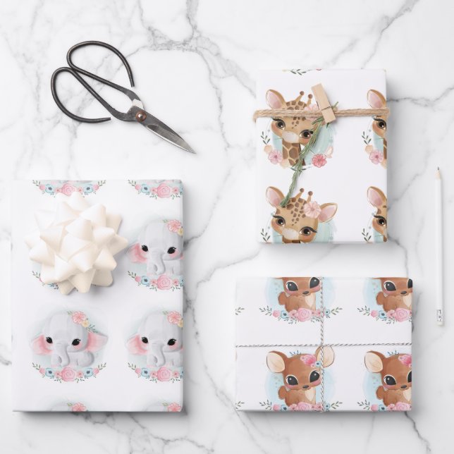 Hoja De Papel De Regalo Hermosa acuarela Bebé Animal Floral sin foco (Anverso)