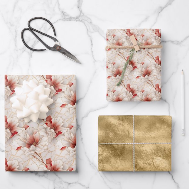 Hoja De Papel De Regalo Hermosa Flora Blanca Roja (Anverso)