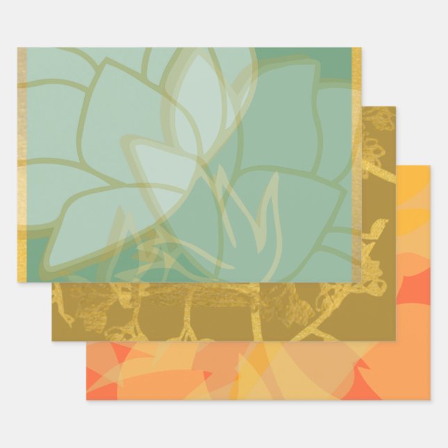 Hoja De Papel De Regalo Hermosa floral Naranja turquesa dorada (Set)